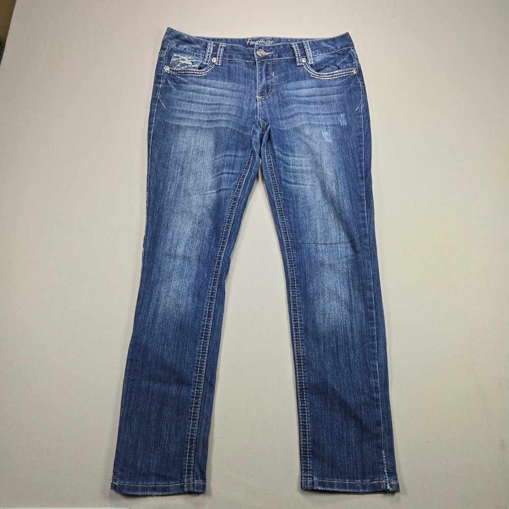 Amethyst Scarlett Jeans Women Blue Embellished Straight Leg Denim 11 Short 32x29
